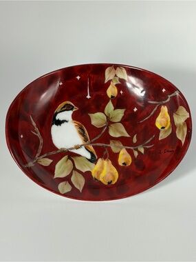 Vintage Hand Painted "Partridge In A Pear Tree" Trinket Tray Signed 5.75"
